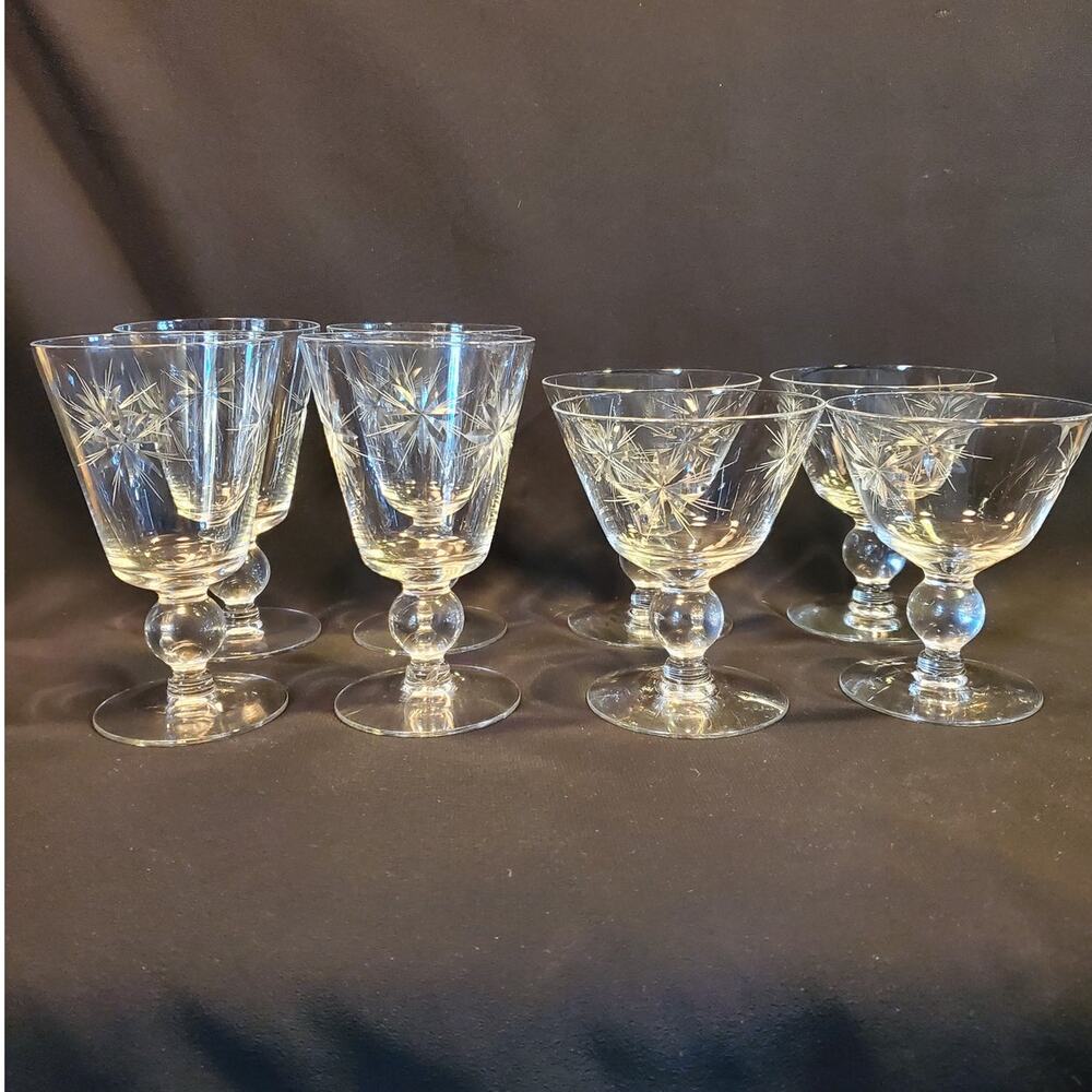 8 Pc Mixed Set Sevron Cut Crystal Wine n Champagne Glasses in Starfire